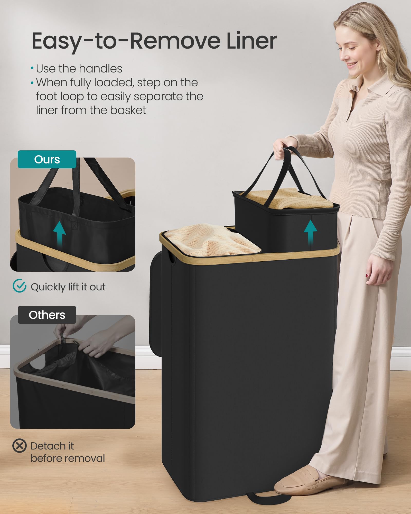 SONGMICS removable liners simplify emptying and transport of laundry