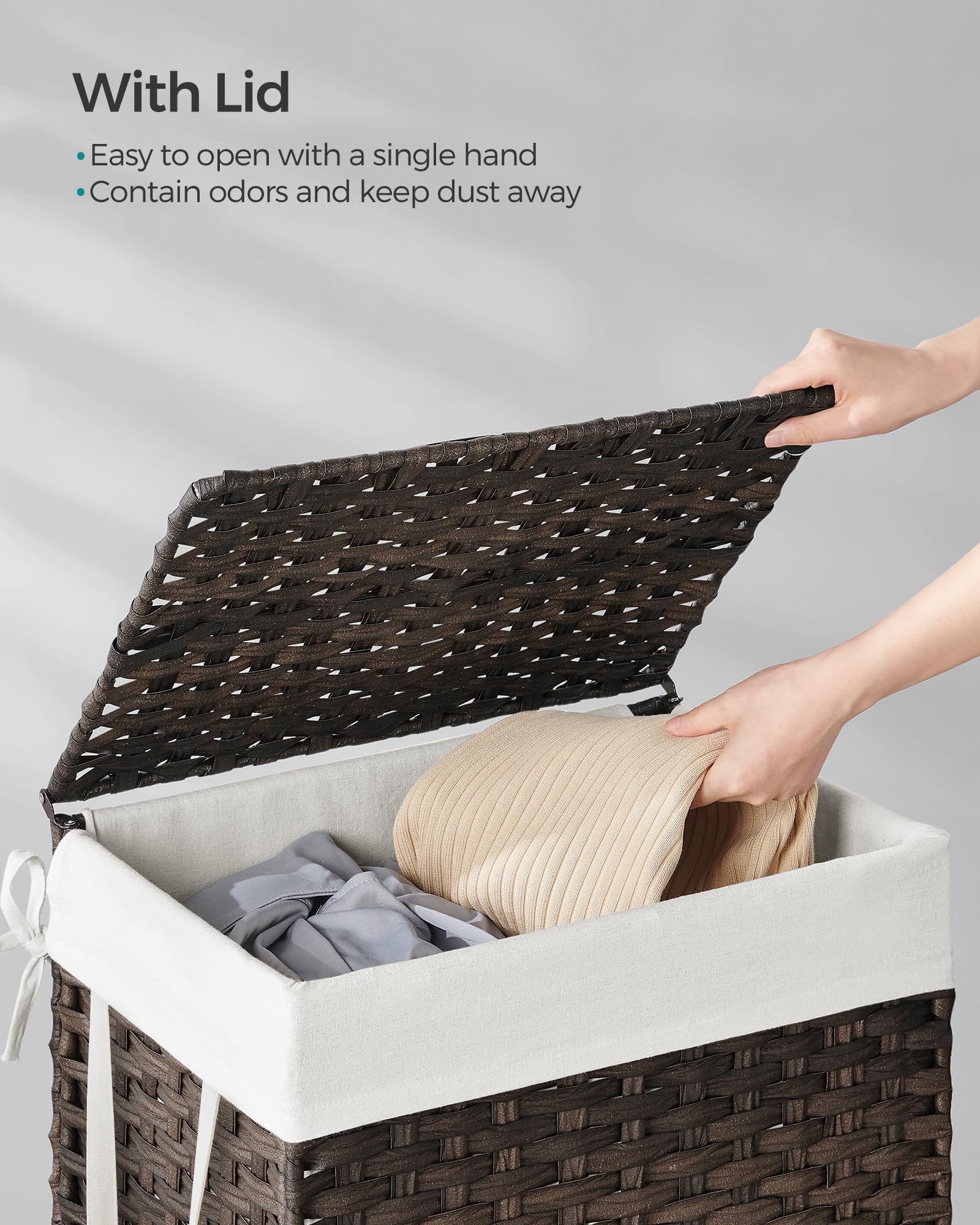Songmics synthetic rattan weave provides durability and breathable storage for laundry.