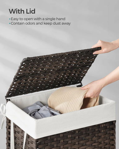 Songmics synthetic rattan weave provides durability and breathable storage for laundry.