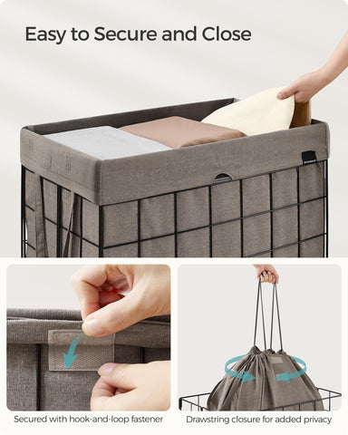 SONGMICS laundry hamper top with drawstring closure securing privacy and tidy appearance.