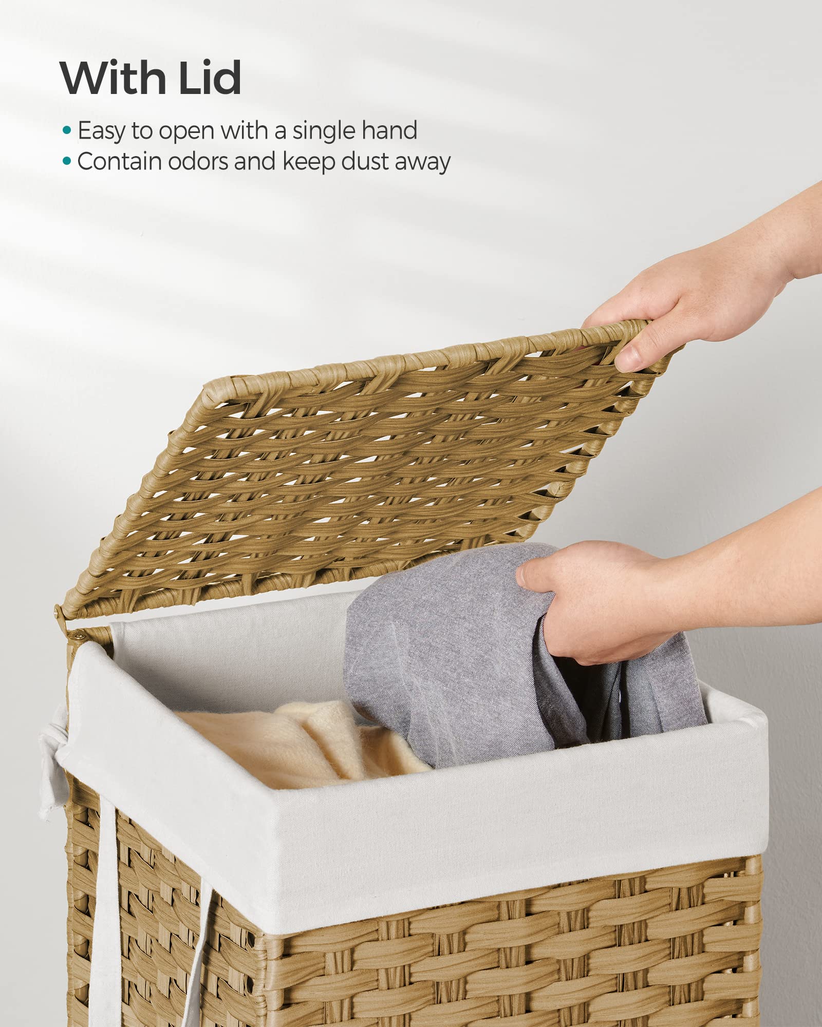 SONGMICS laundry hamper featuring waterproof PP rattan for dry, airy laundry