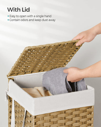 SONGMICS laundry hamper featuring waterproof PP rattan for dry, airy laundry