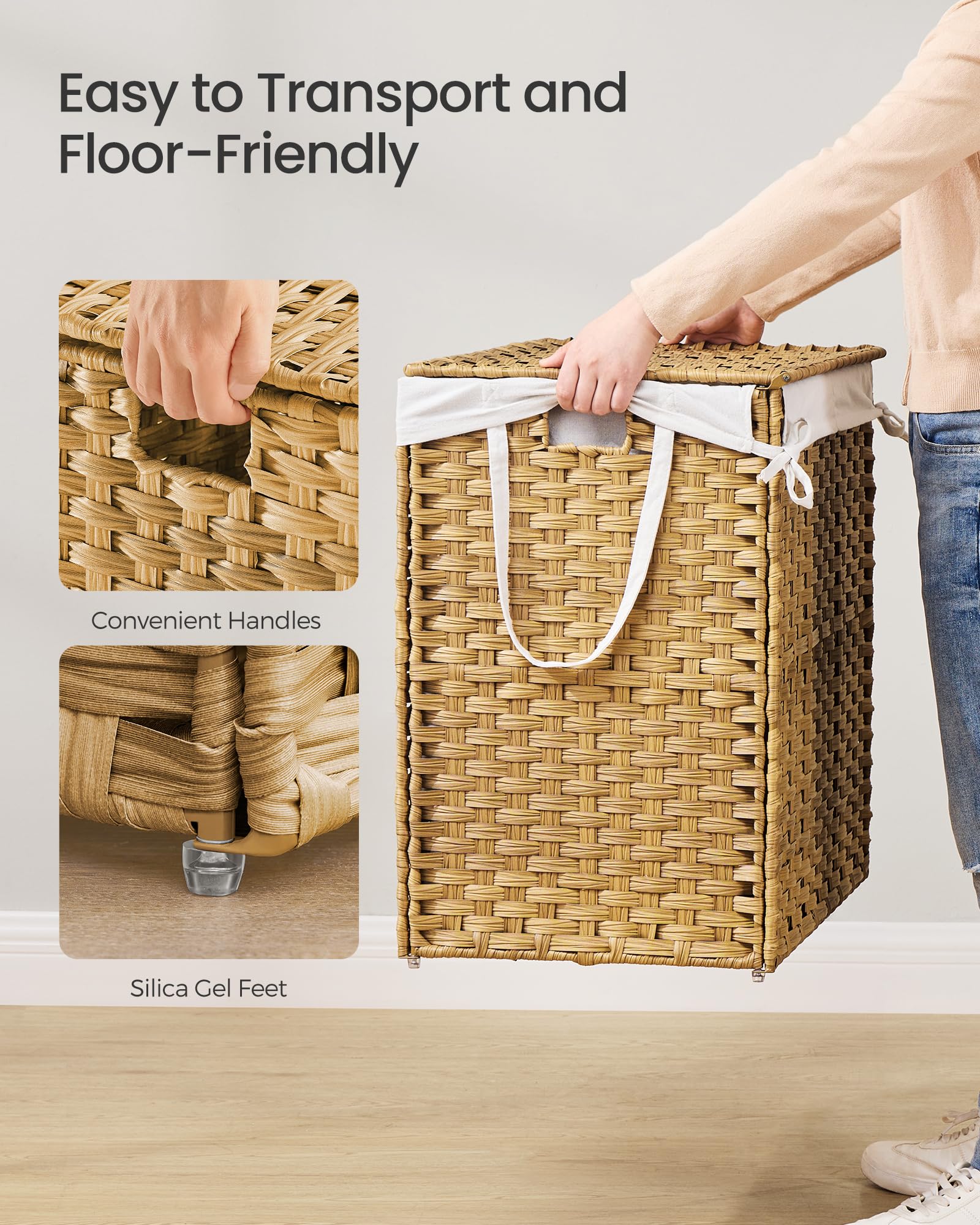 SONGMICS breathable waterproof rattan helps clothes stay dry and ventilated inside the basket.