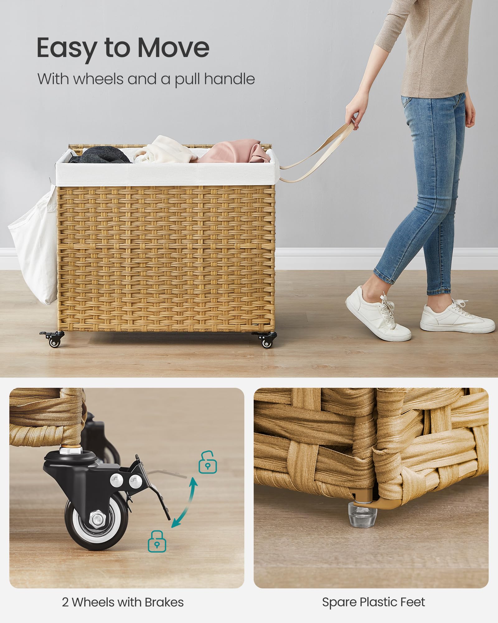 Songmics laundry hamper with wheels and brakes for easy mobility.