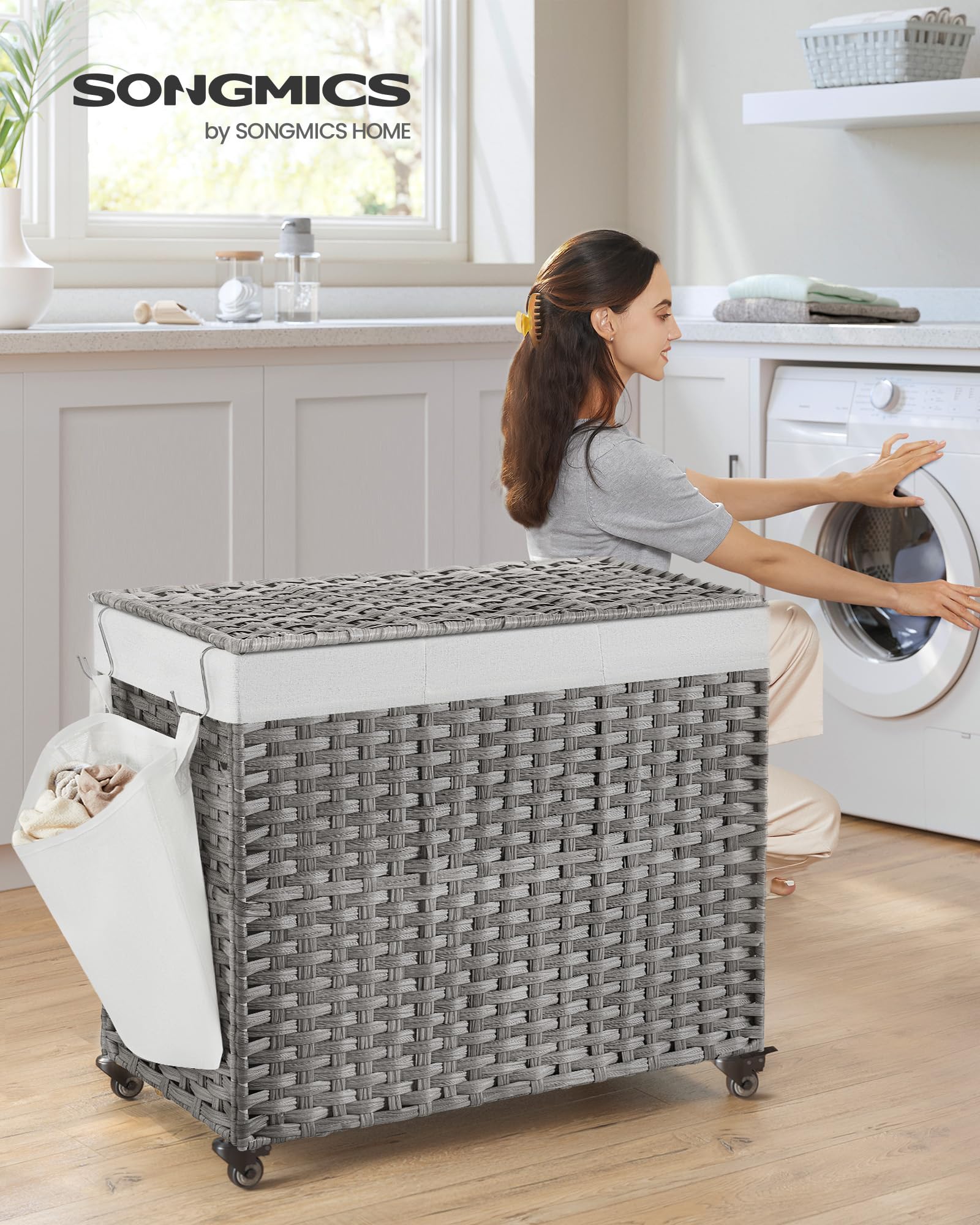 SONGMICS rolling hamper with wheels offers easy mobility for bedrooms and laundry rooms.
