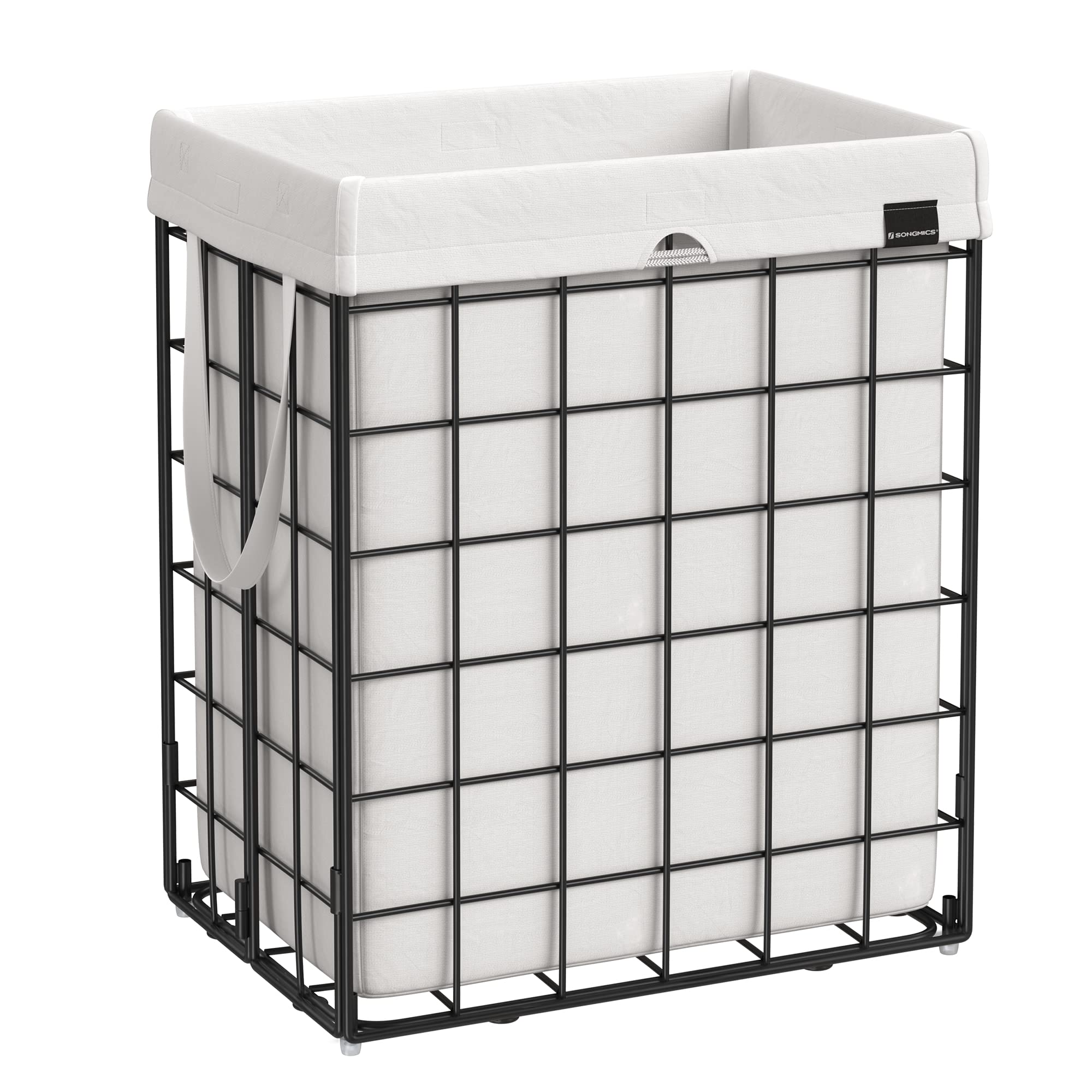 Songmics laundry hamper with wire-frame setup for durable laundry storage.