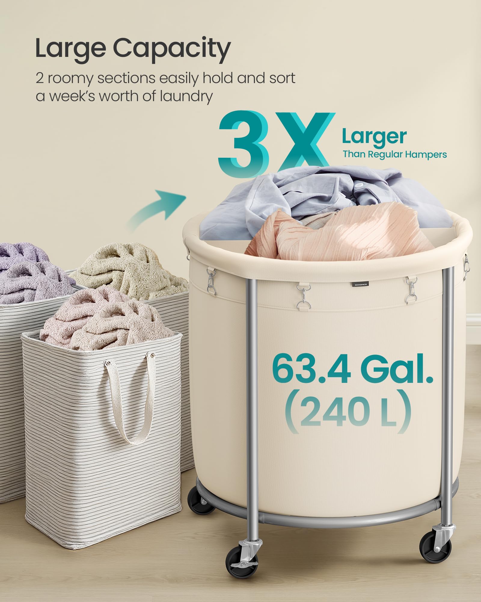 SONGMICS rolling hamper with brakes for stable placement.
