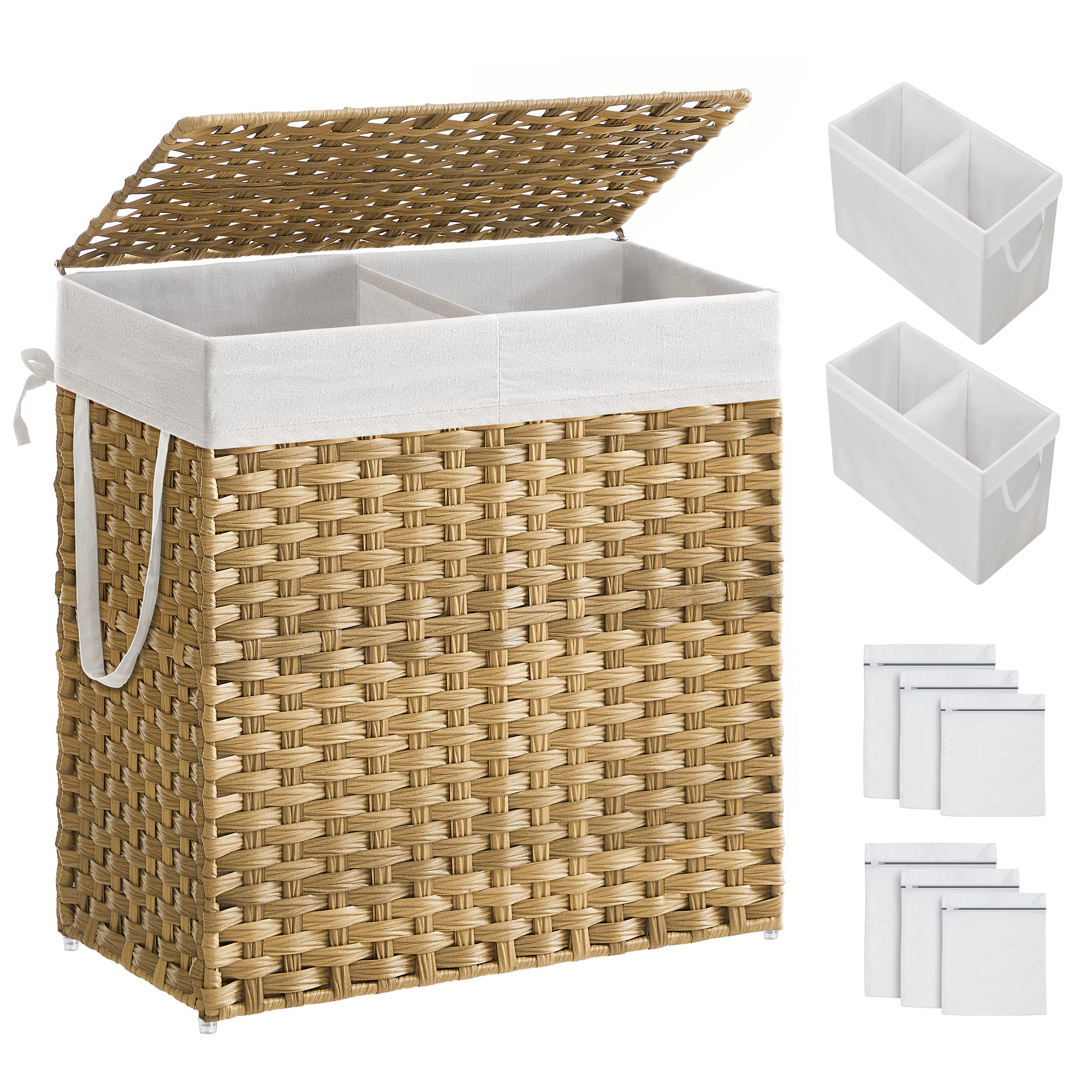 SONGMICS laundry hamper with lid showing two sections for sorting darks and whites.