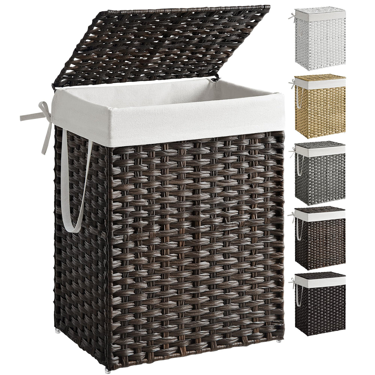 Songmics laundry hamper with lid keeps dirty clothes hidden and odor contained.
