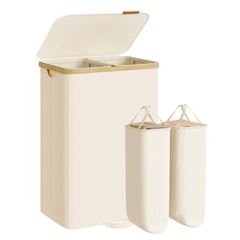 SONGMICS laundry hamper with lid keeps clothes hidden and dust-free.