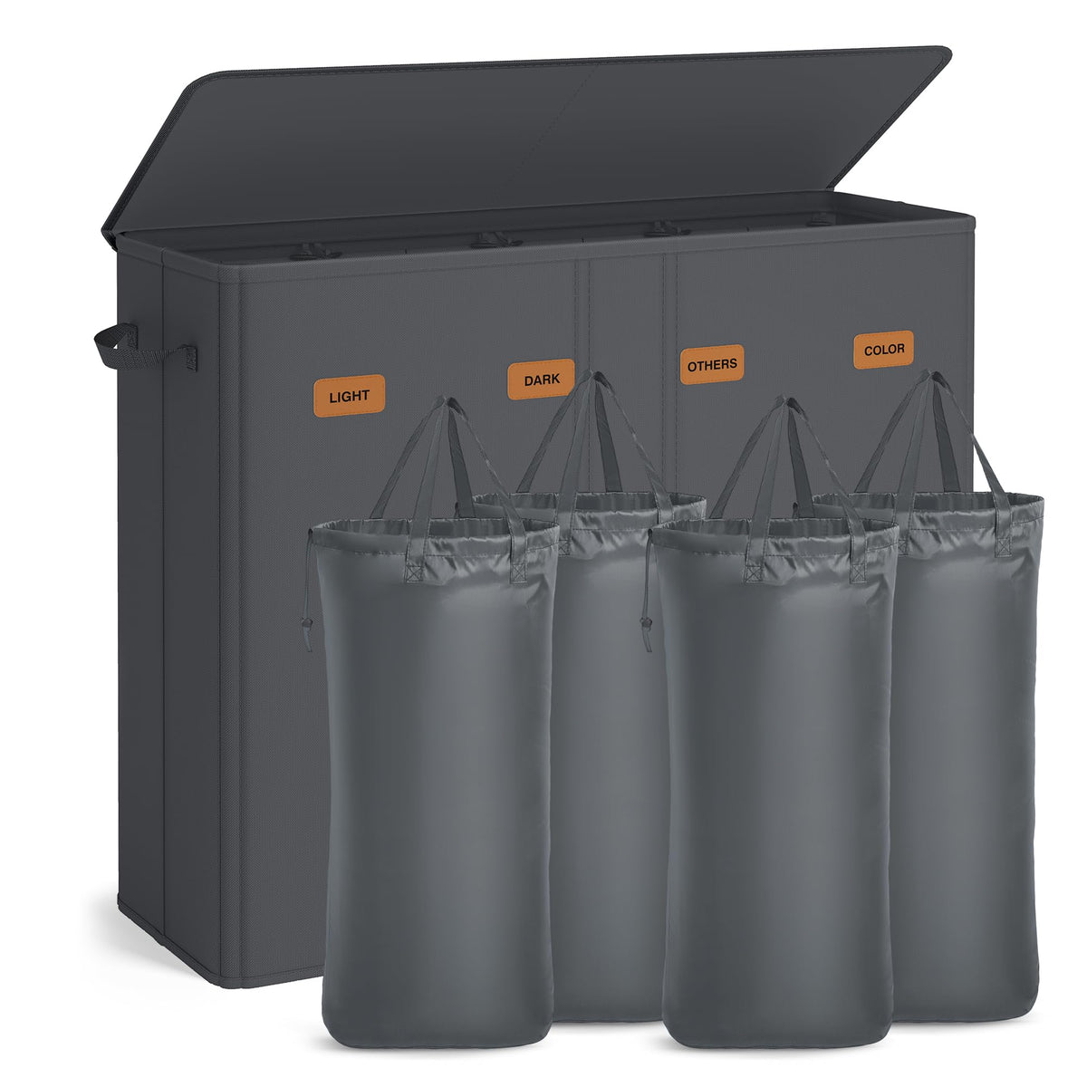 SONGMICS 55.4-gallon sorter with four compartments and lid keeps laundry organized.