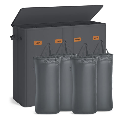 SONGMICS 55.4-gallon sorter with four compartments and lid keeps laundry organized.