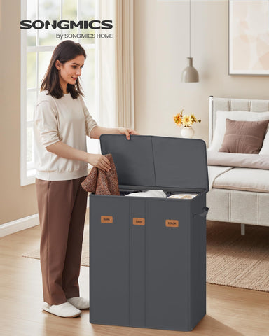 SONGMICS labeled sorter helps separate dark, light, and color clothing.