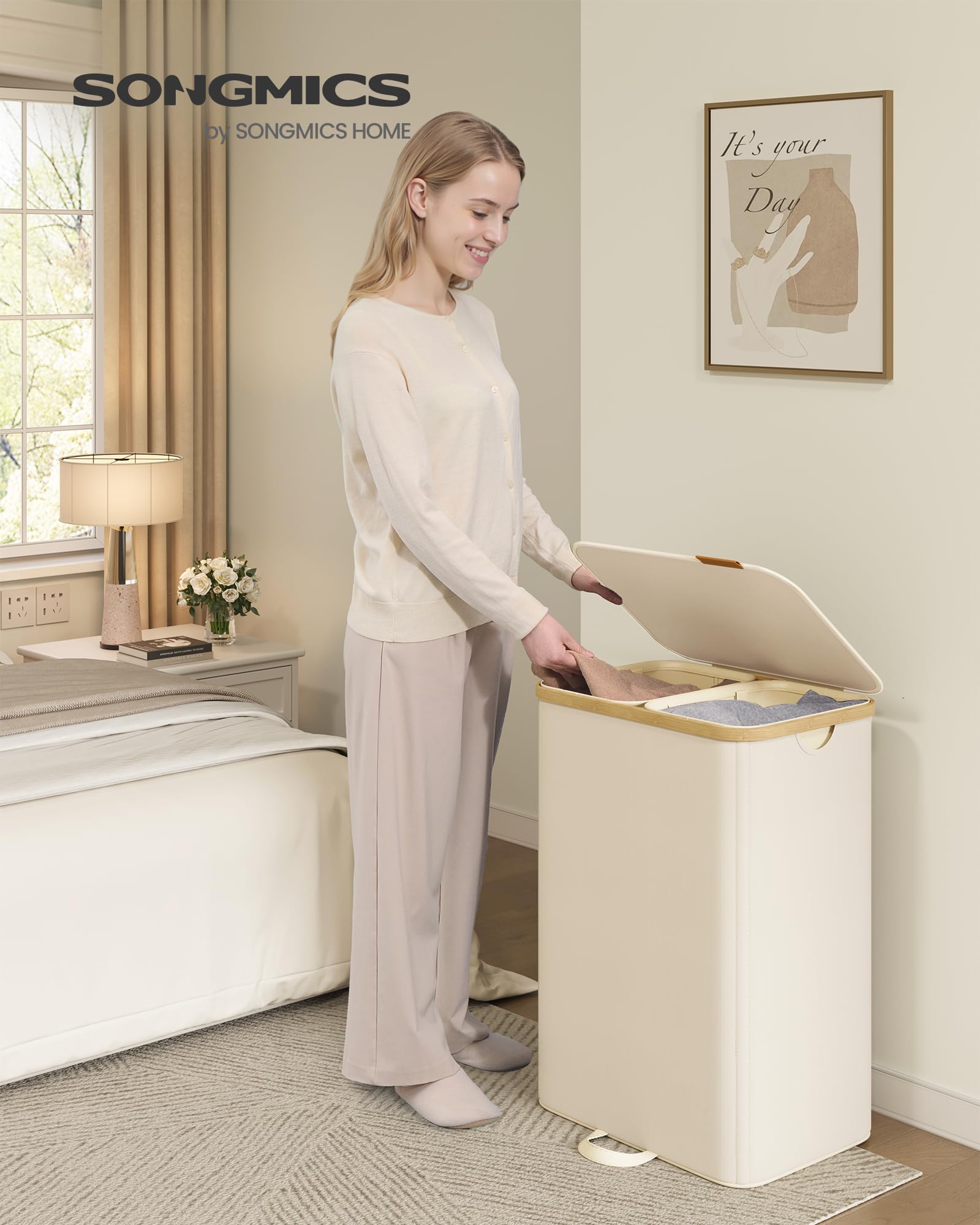 SONGMICS laundry sorter with two compartments for easy sorting.