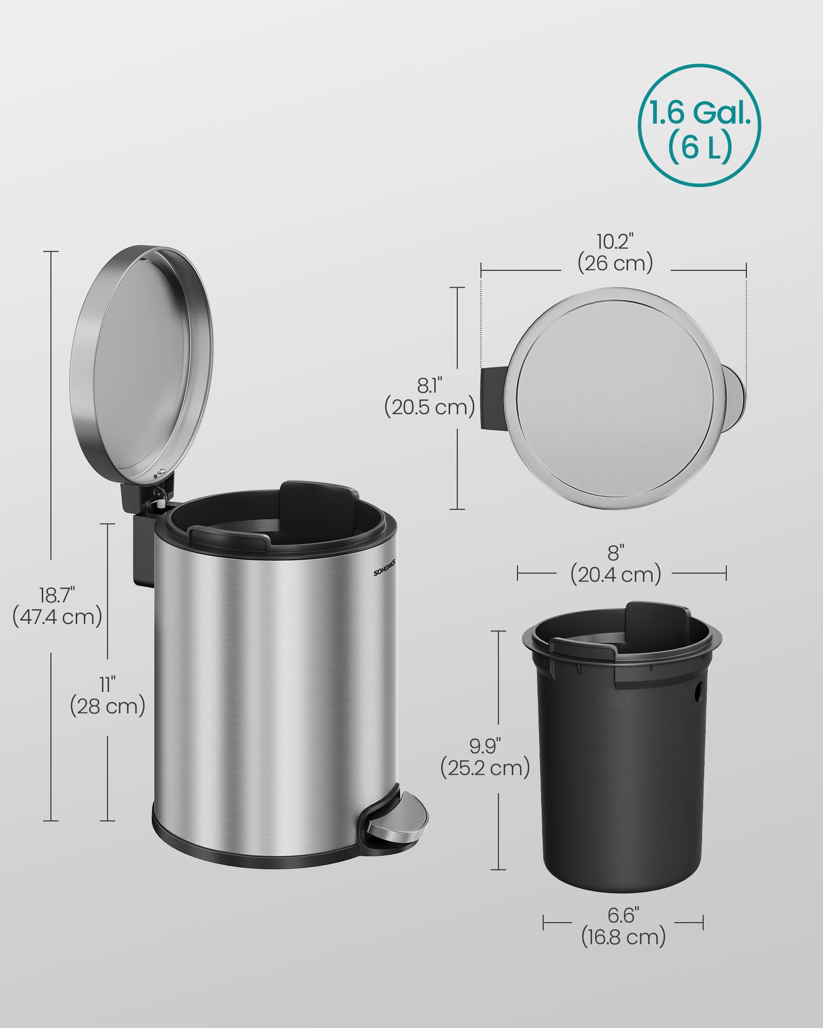 SONGMICS lid stays open at 90 degrees for easy disposal.