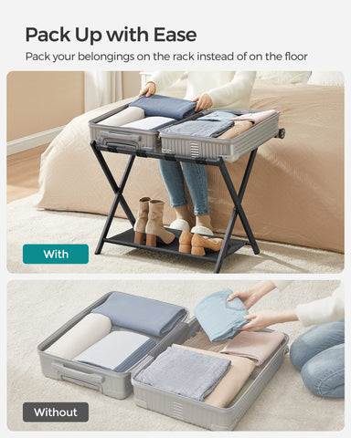 SONGMICS luggage rack bottom shelf stores shoes during packing