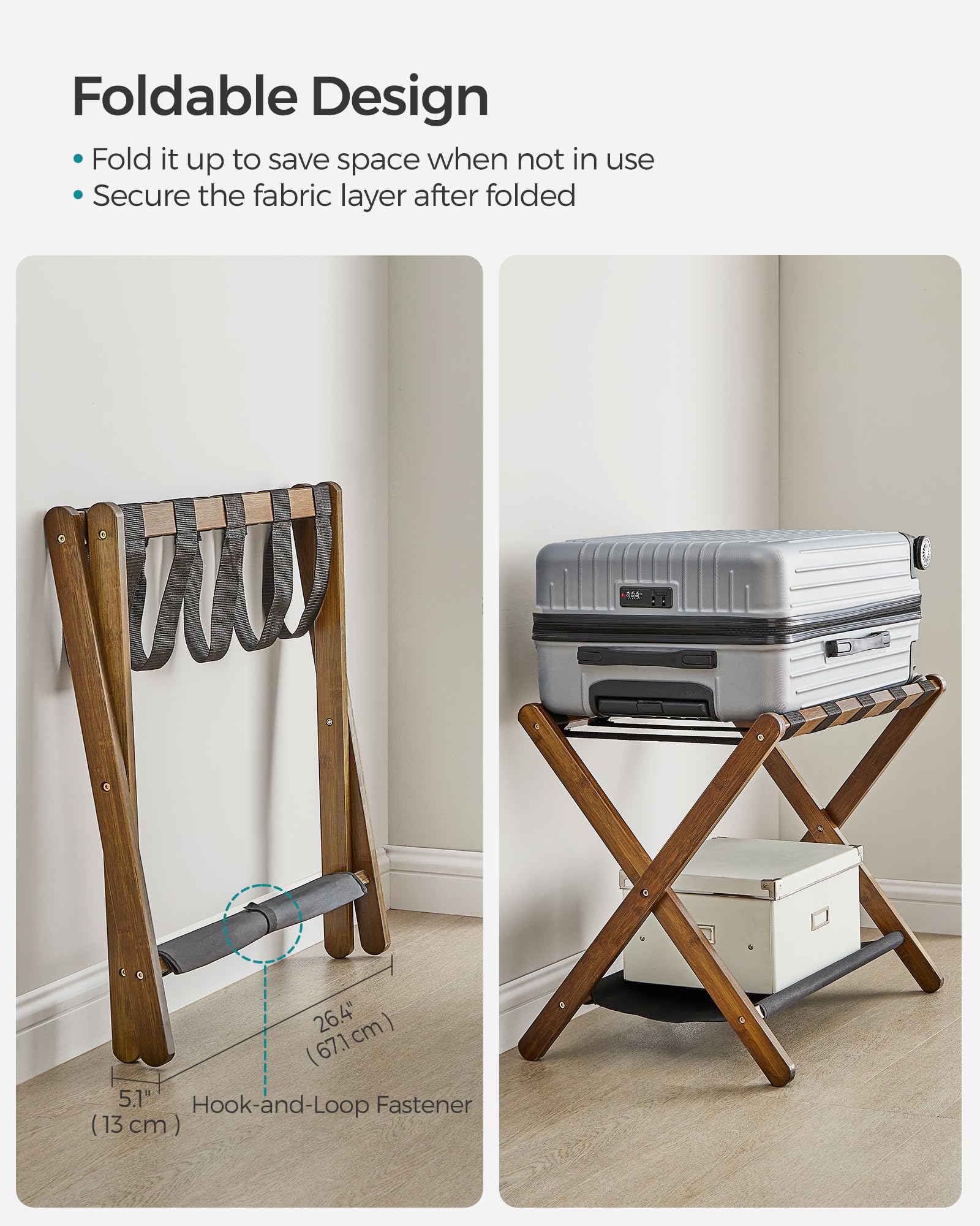 SONGMICS luggage rack in a bedroom setting illustrates hotel-grade convenience.