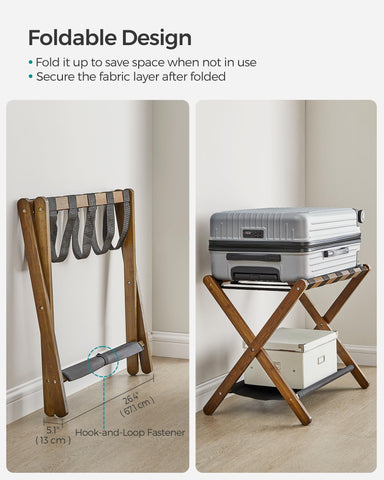 SONGMICS luggage rack in a bedroom setting illustrates hotel-grade convenience.