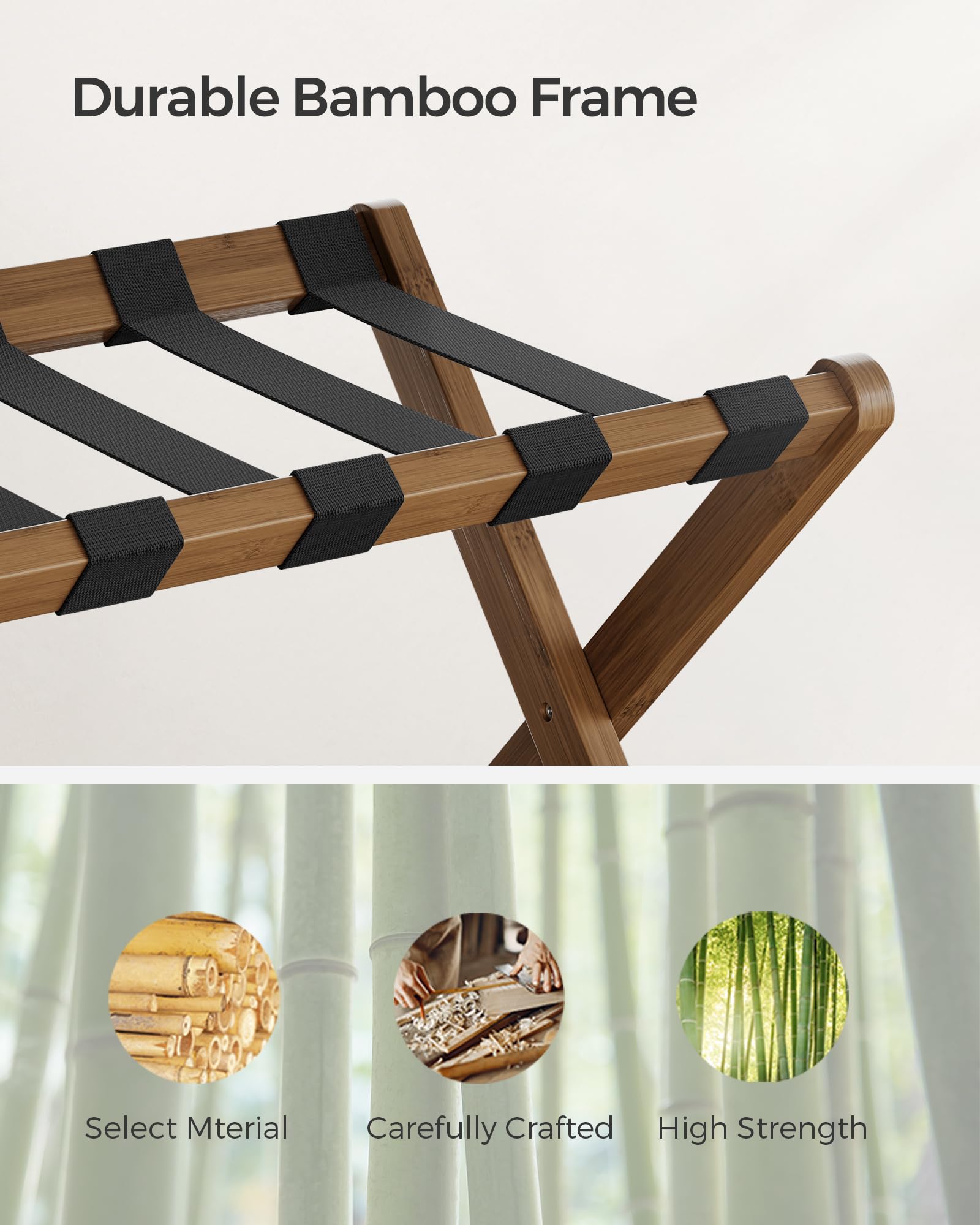 SONGMICS luggage rack lower shelf keeps shoes off the floor and organized.