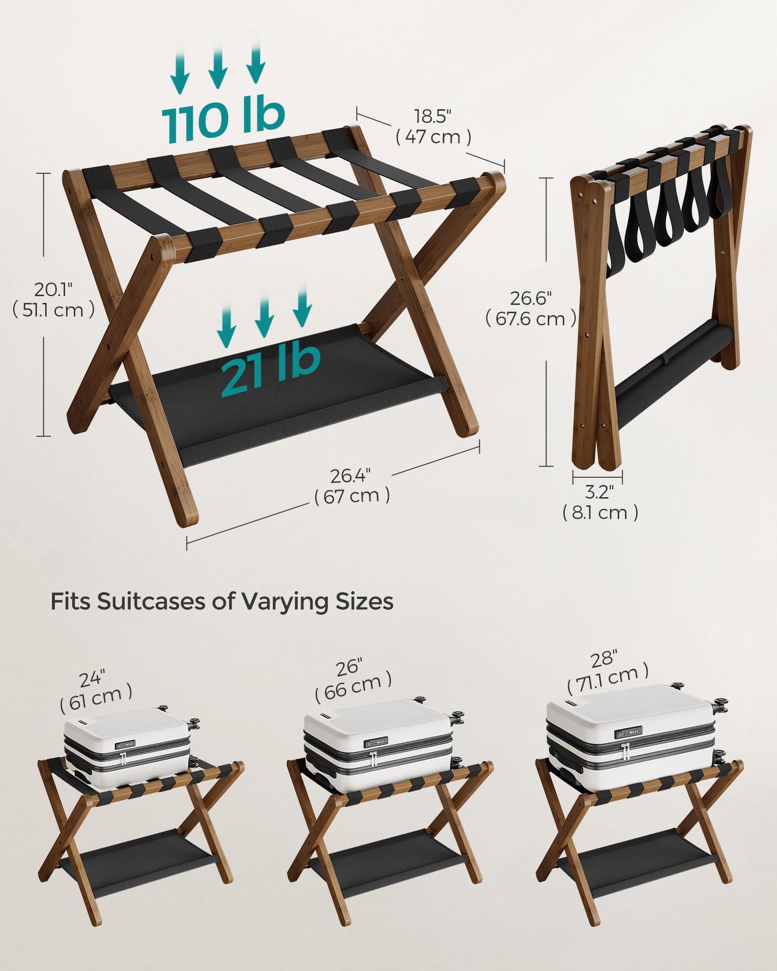 SONGMICS luggage rack with suitcase demonstrates practical use for guests.