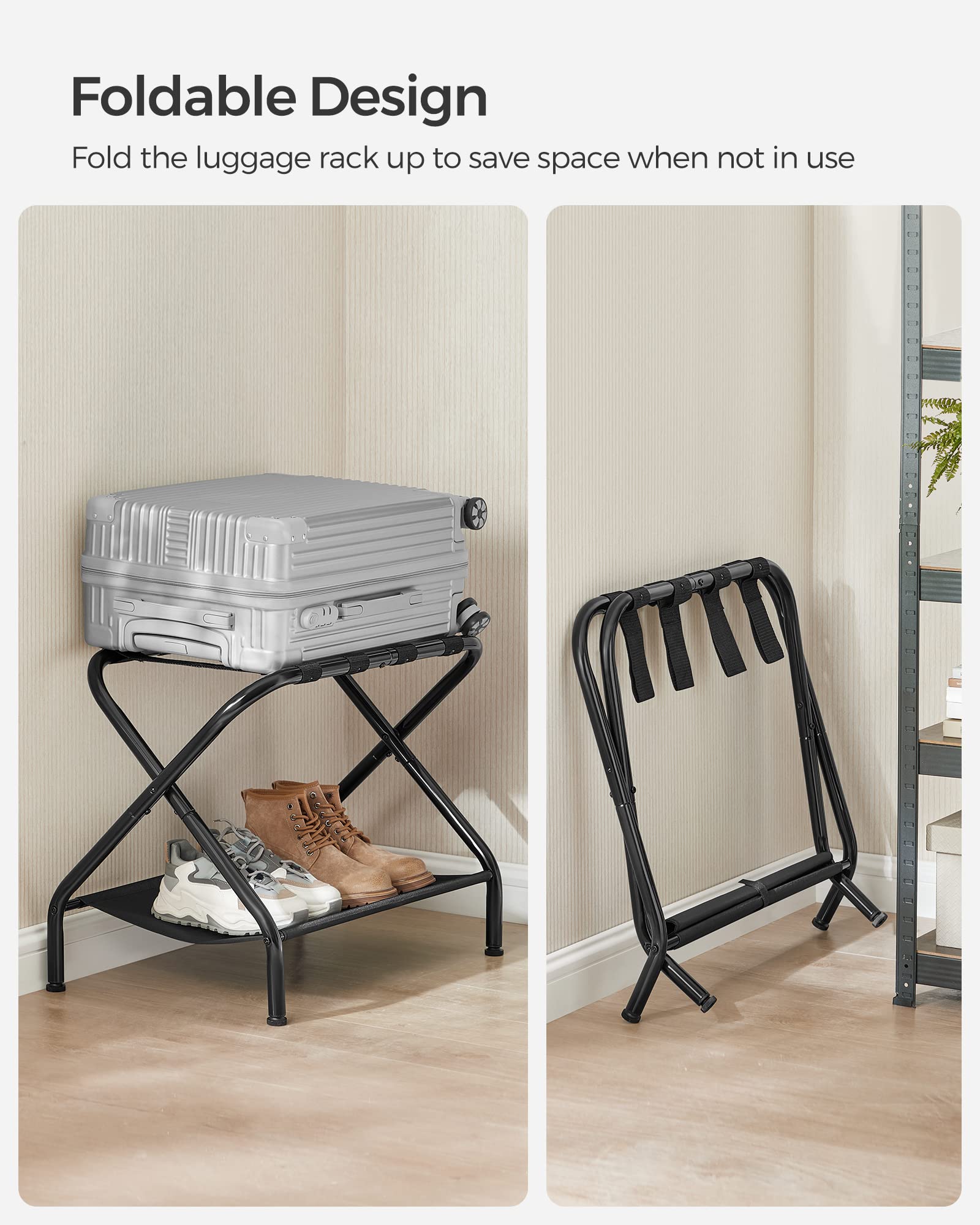 SONGMICS 110 lb capacity luggage rack supports heavy suitcases with stability.