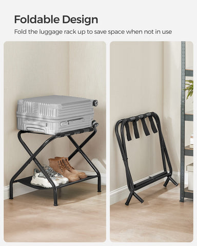 SONGMICS 110 lb capacity luggage rack supports heavy suitcases with stability.