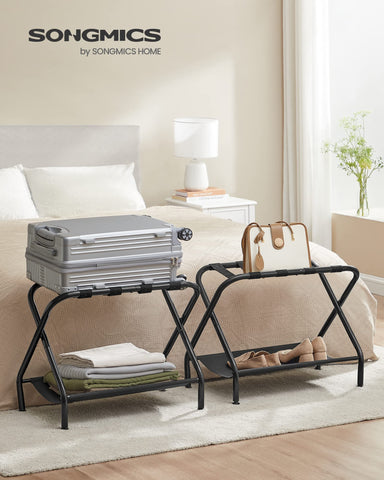 SONGMICS fabric storage shelf on luggage rack for quick access to shoes and belongings.