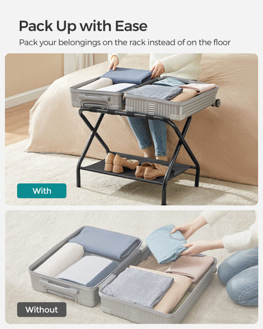 SONGMICS luggage rack in guest room use keeps bags off the floor and away from clutter.