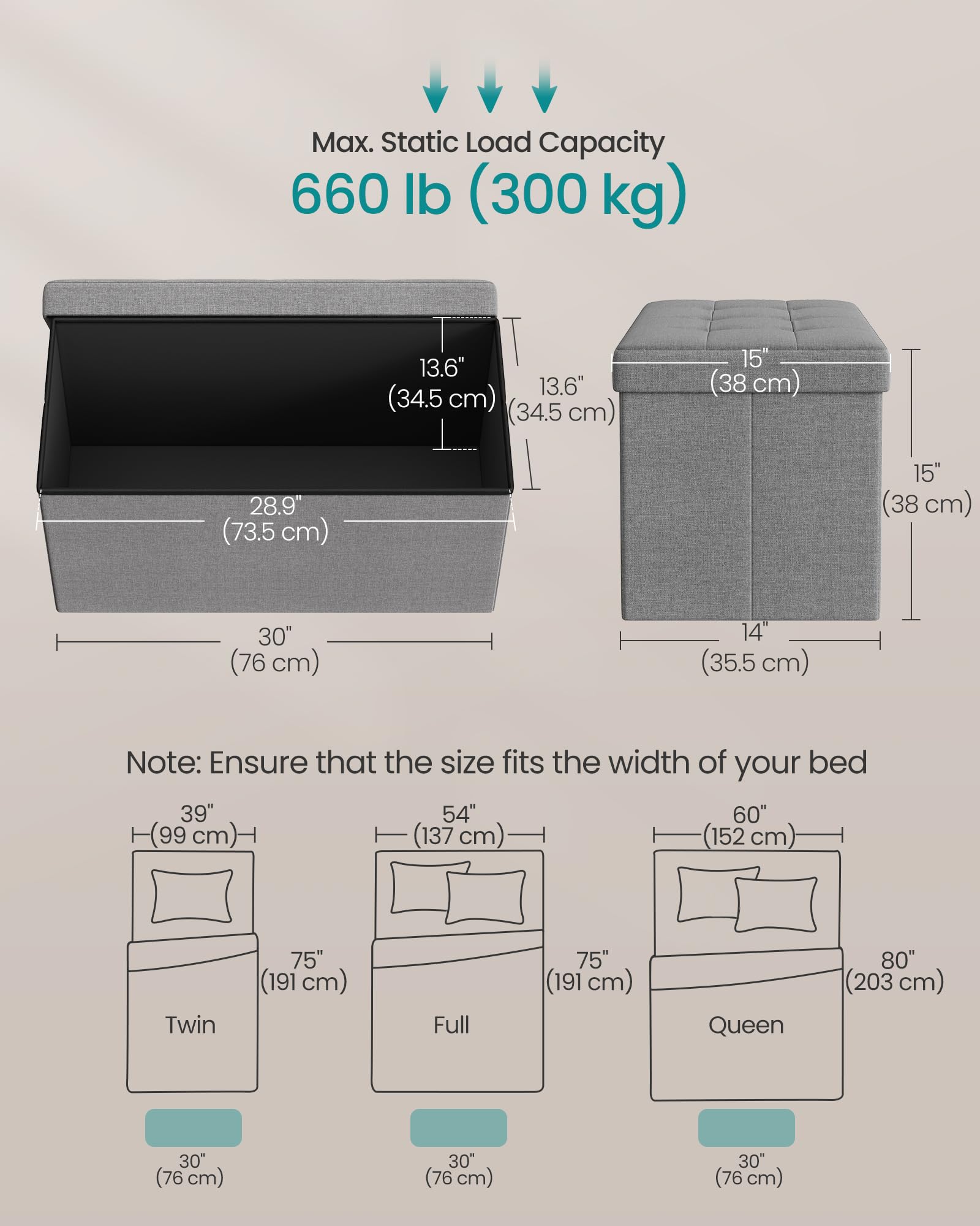 SONGMICS MAZIE 24-gallon storage capacity for blankets and magazines.