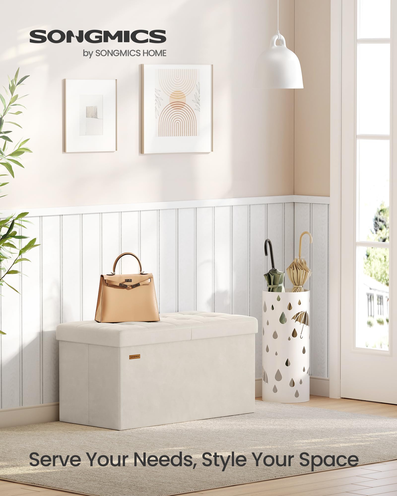 SongMics Mazie ottoman with folding lid open for easy access to blankets or toys.