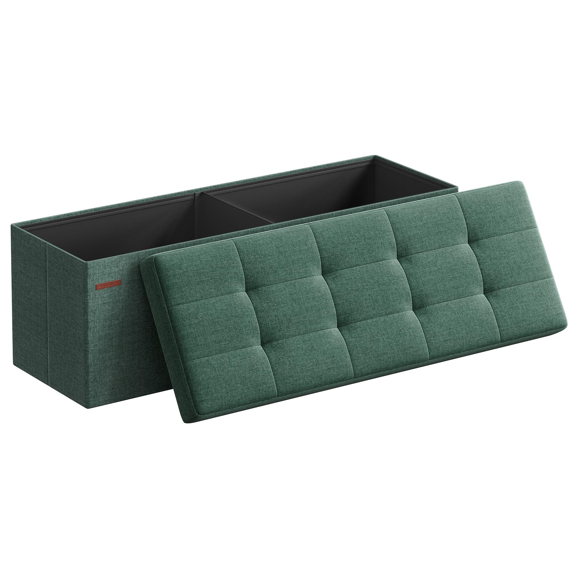 SONGMICS Mazie 43-inch folding ottoman bench with lid open for easy storage access