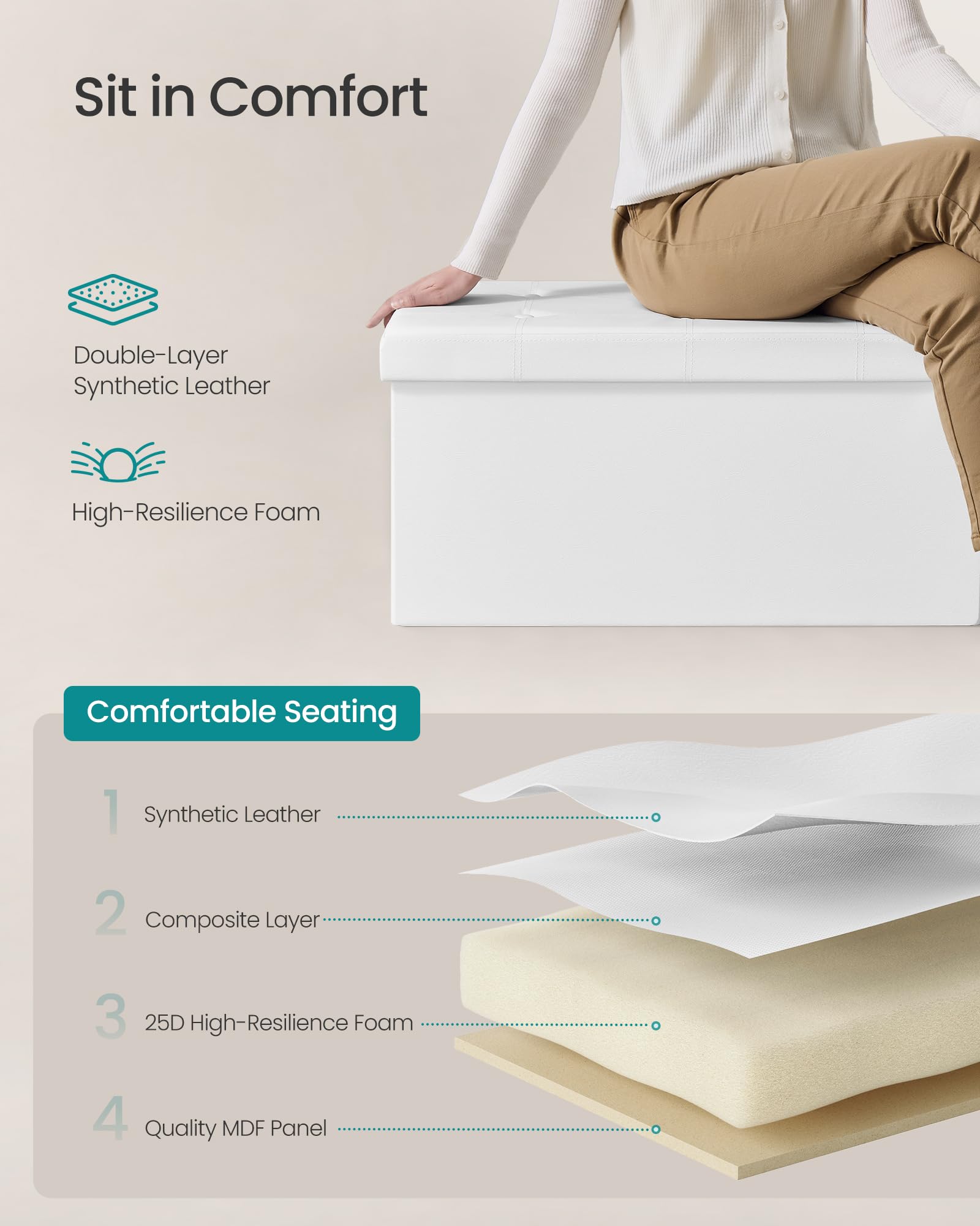 Songmics Mazie in white synthetic leather suits living rooms and bedrooms.