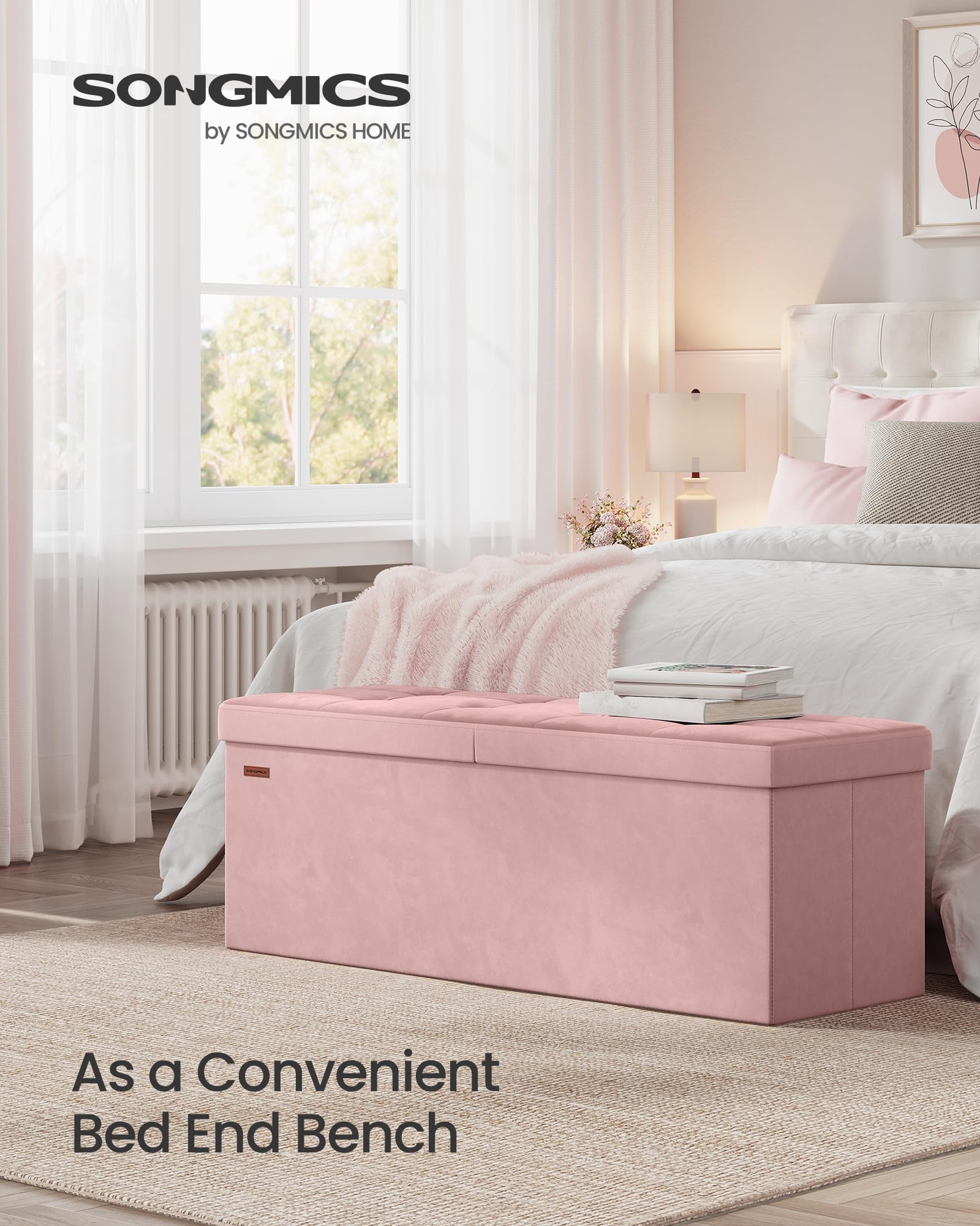 Dimensions of SONGMICS Mazie ottoman demonstrate 15x43x15 inches footprint
