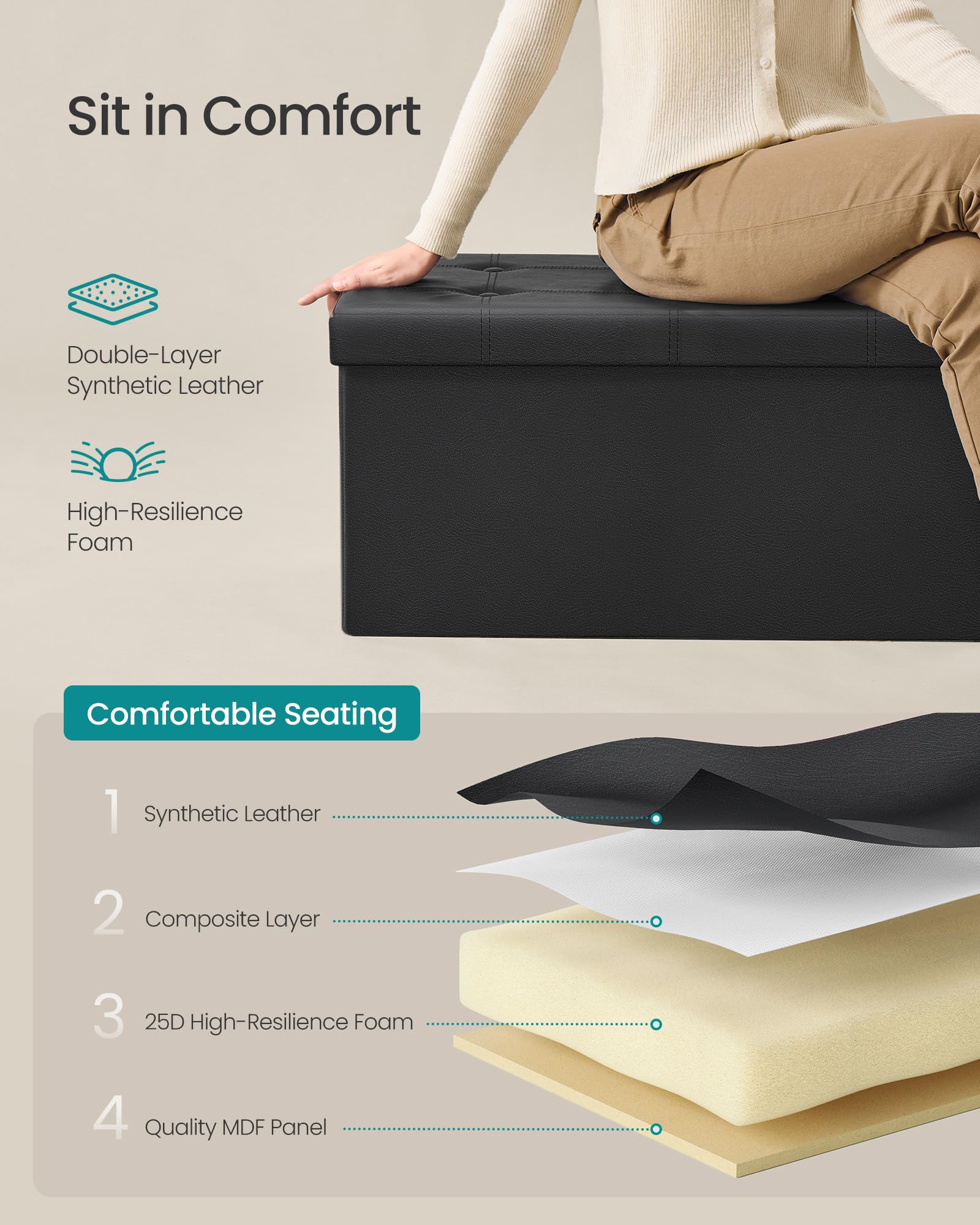SONGMICS MAZIE cushioned seat features 1-inch foam for comfortable sitting.