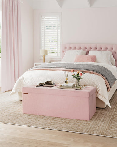 SONGMICS Mazie end-of-bed bench provides extra seating in living rooms and bedrooms.