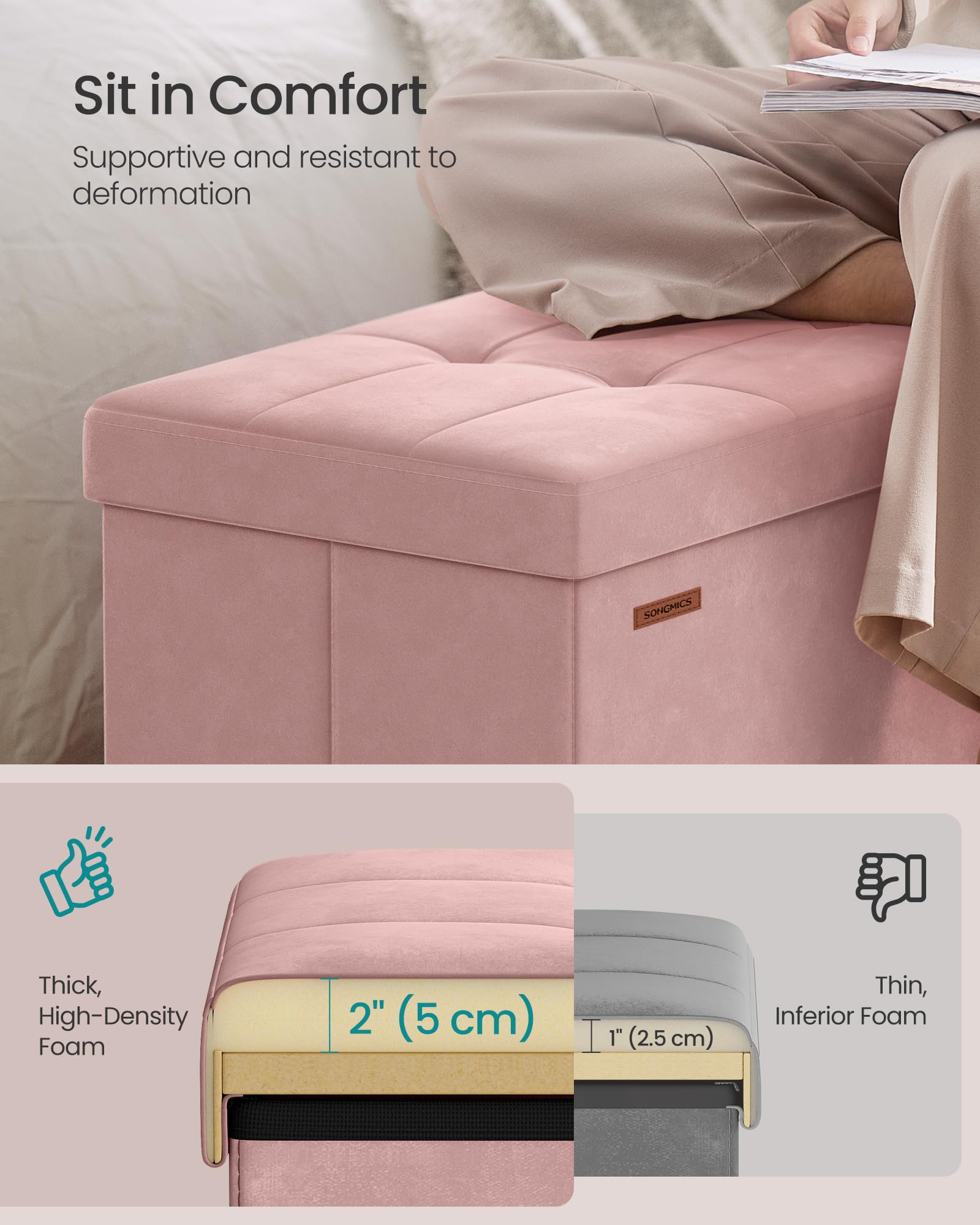 SONGMICS Mazie flipping lid provides easy access to stored items.