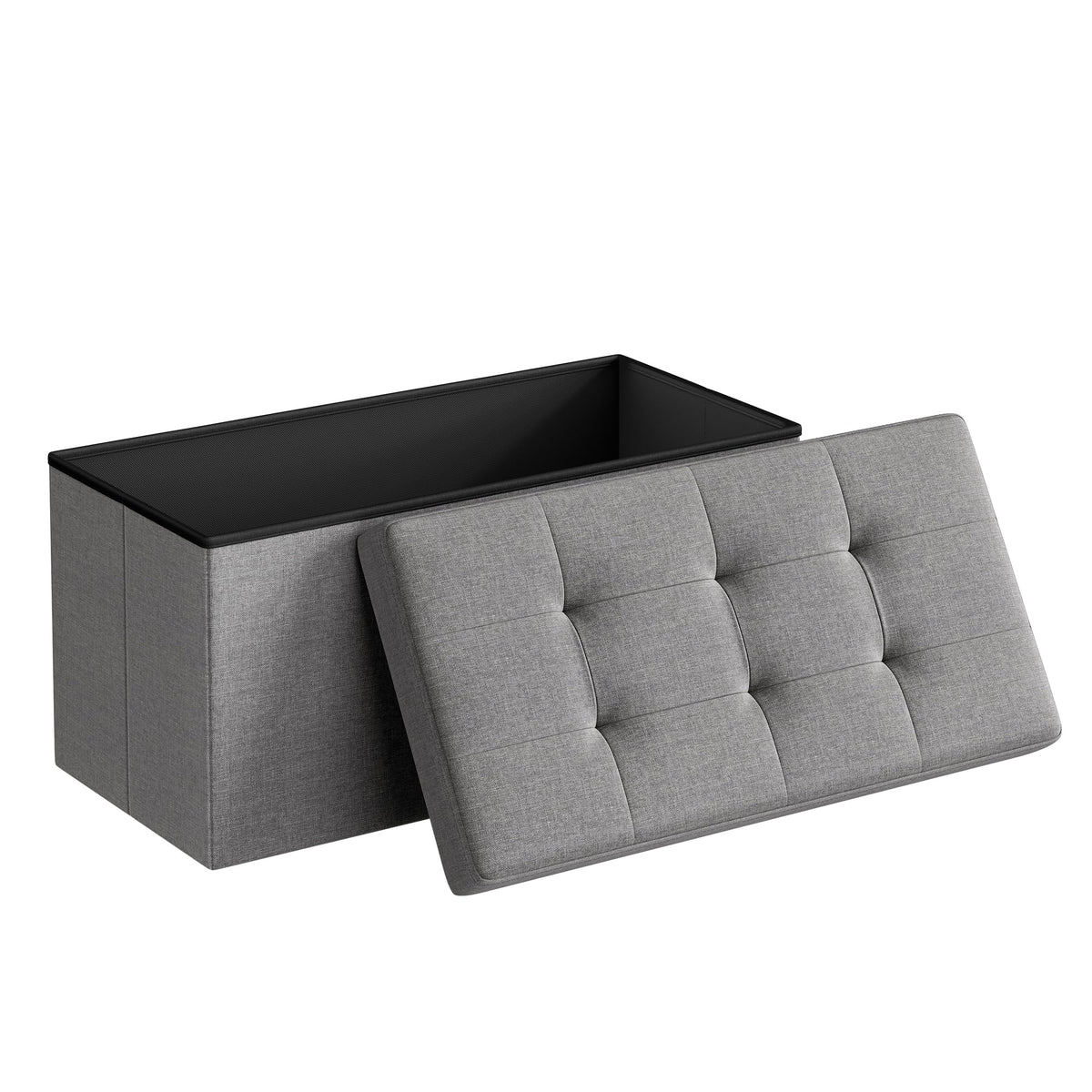 SONGMICS MAZIE folding ottoman assembly demonstrates quick setup and easy storage.