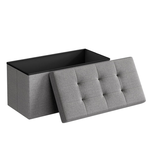 SONGMICS MAZIE folding ottoman assembly demonstrates quick setup and easy storage.