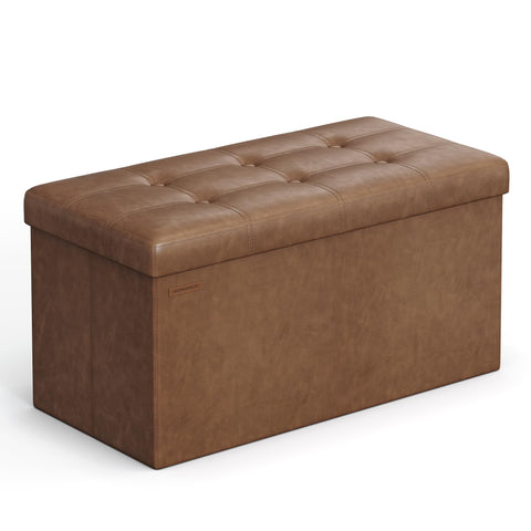 SONGMICS Mazie folding ottoman with closed lid provides quick, space-saving storage.