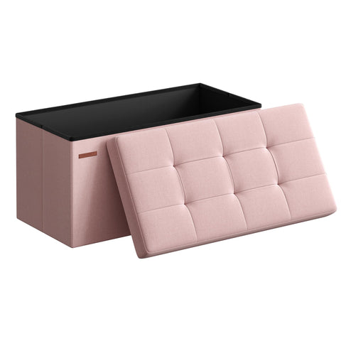 Songmics Mazie folding ottoman with linen texture, offering durable seating and hidden storage.