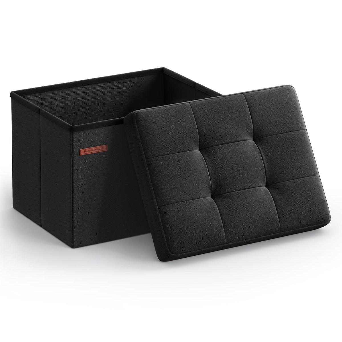 Songmics MAZIE folding ottoman, assembled, sturdy seating and storage option.