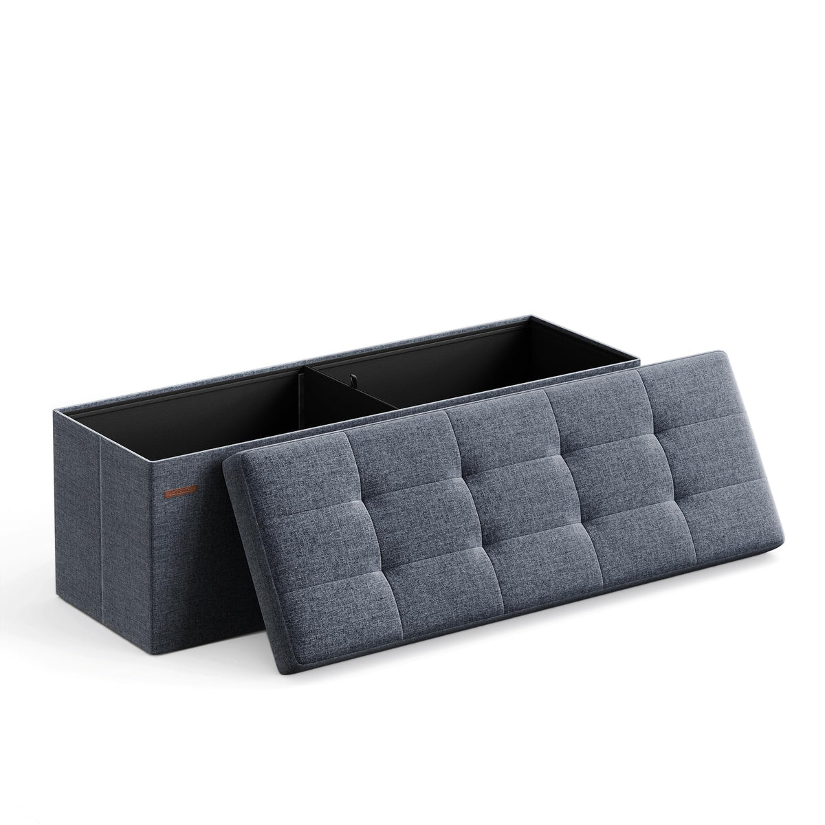 SONGMICS MAZIE folding storage ottoman demonstrates quick setup and hidden storage.