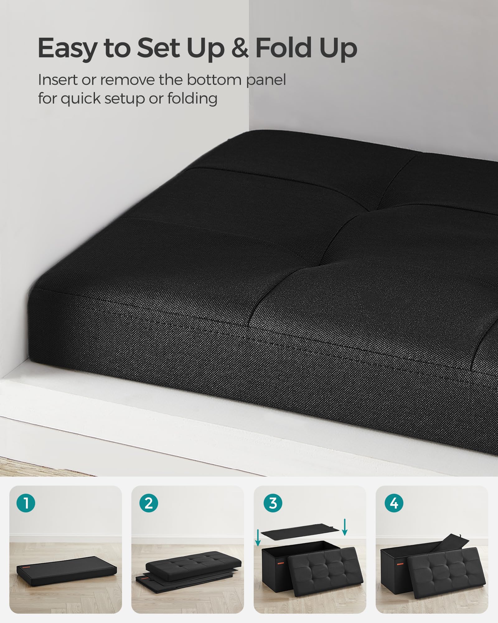 SongMics Mazie bench used as a footrest and storage option
