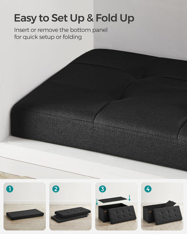 SongMics Mazie bench used as a footrest and storage option