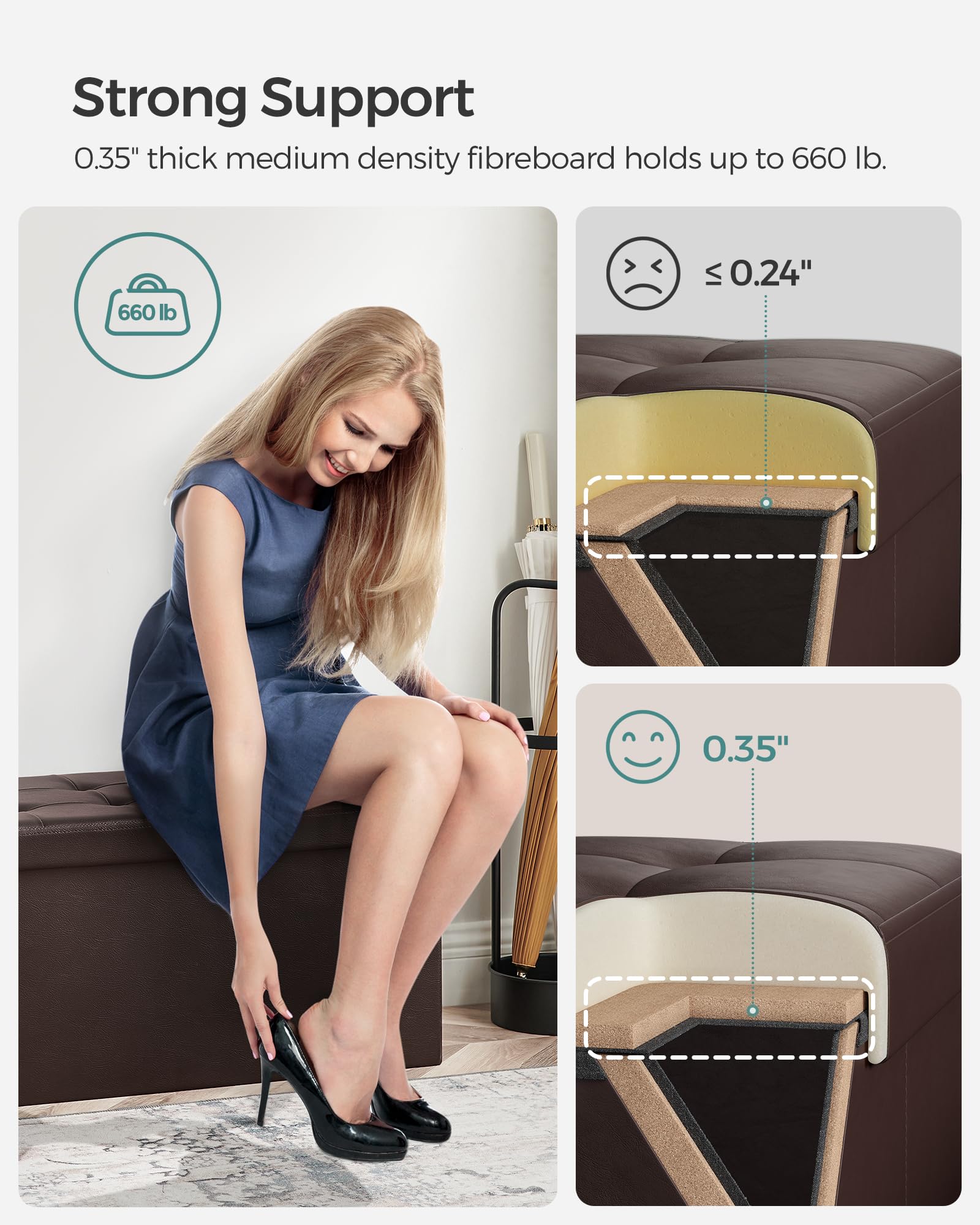 SONGMICS MAZIE living room footstool in brown leather-look finish, easy to wipe