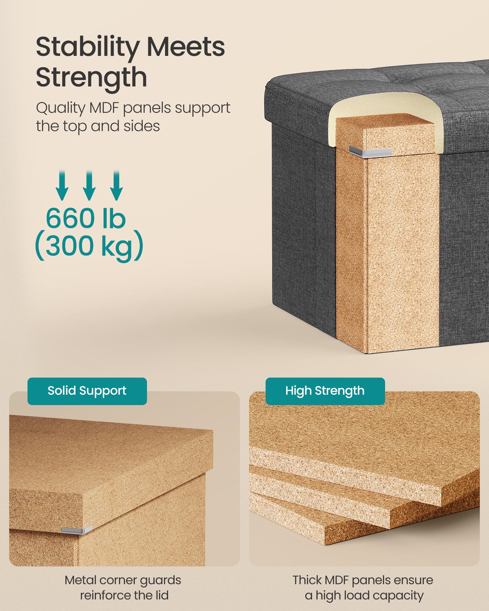 SONGMICS MAZIE metal-corner-guards lid, durable protection for family spaces.