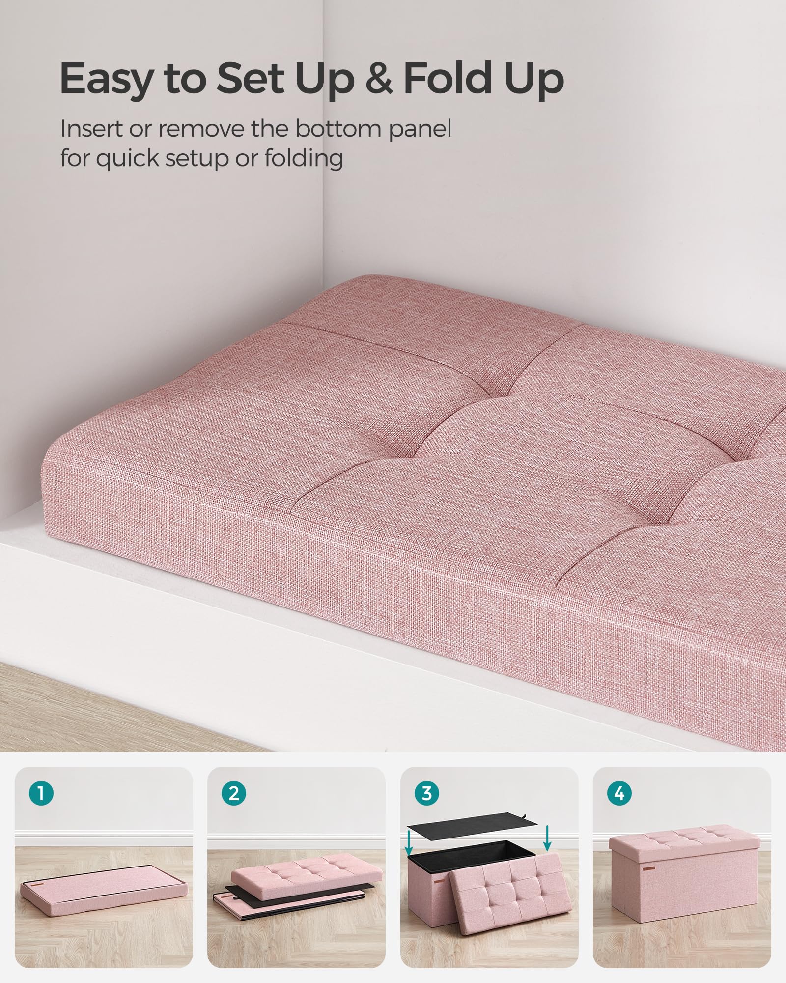 Songmics Mazie multi-use ottoman used as a stool, storage, and coffee surface.