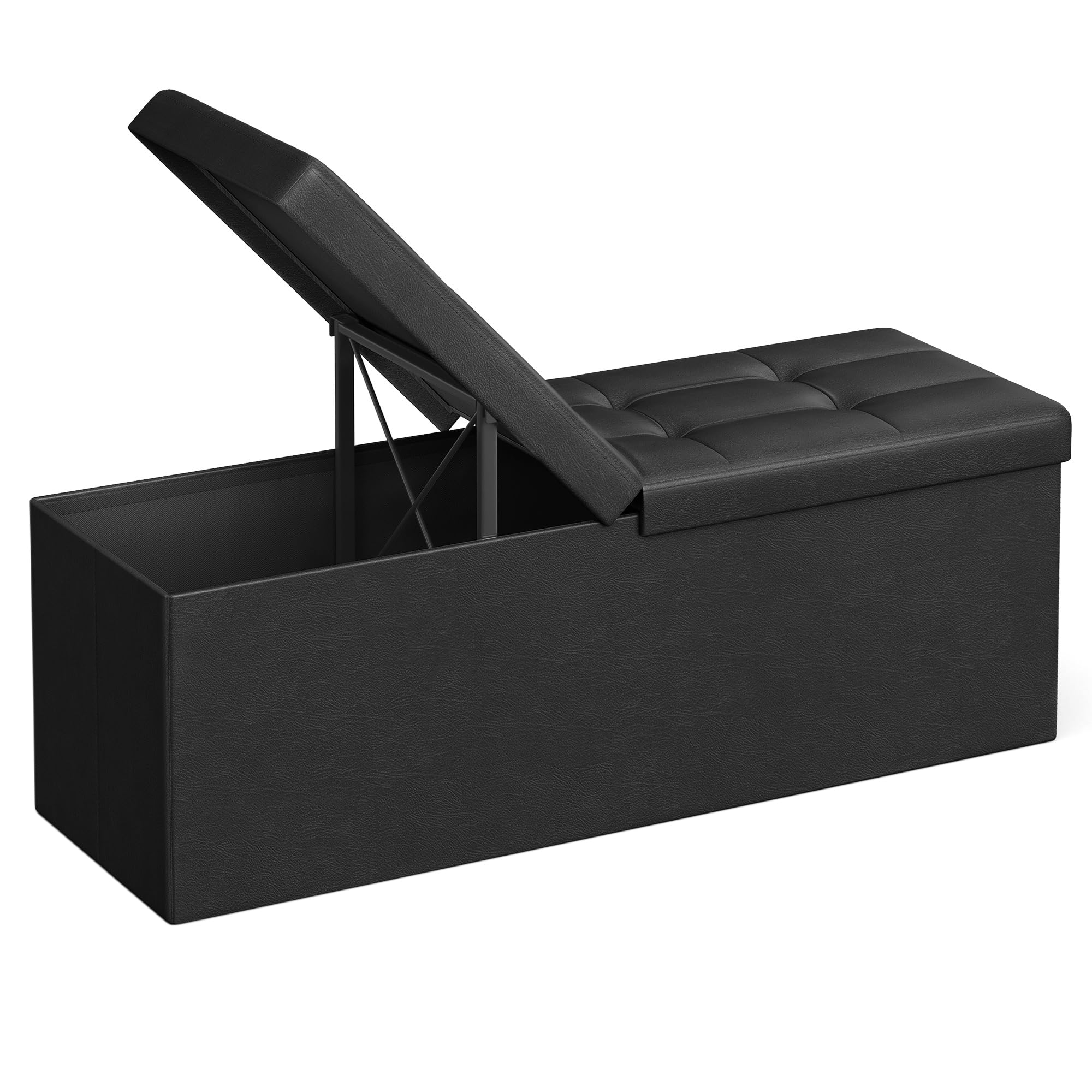 SONGMICS Mazie ottoman folding lid shows hidden storage and extra seating.