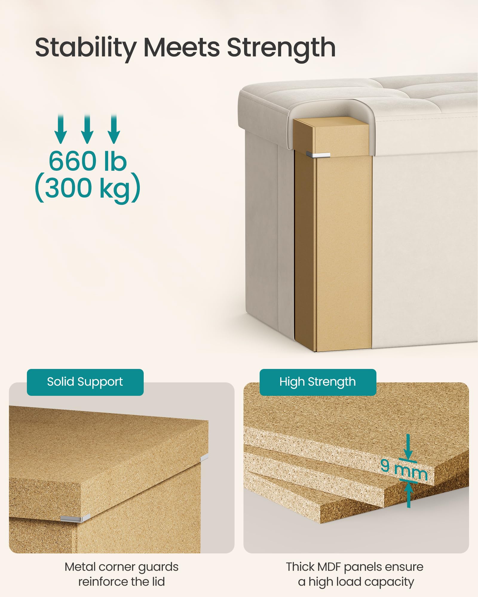 SongMics Mazie storage ottoman tucked under bed, folds flat for compact stowage.