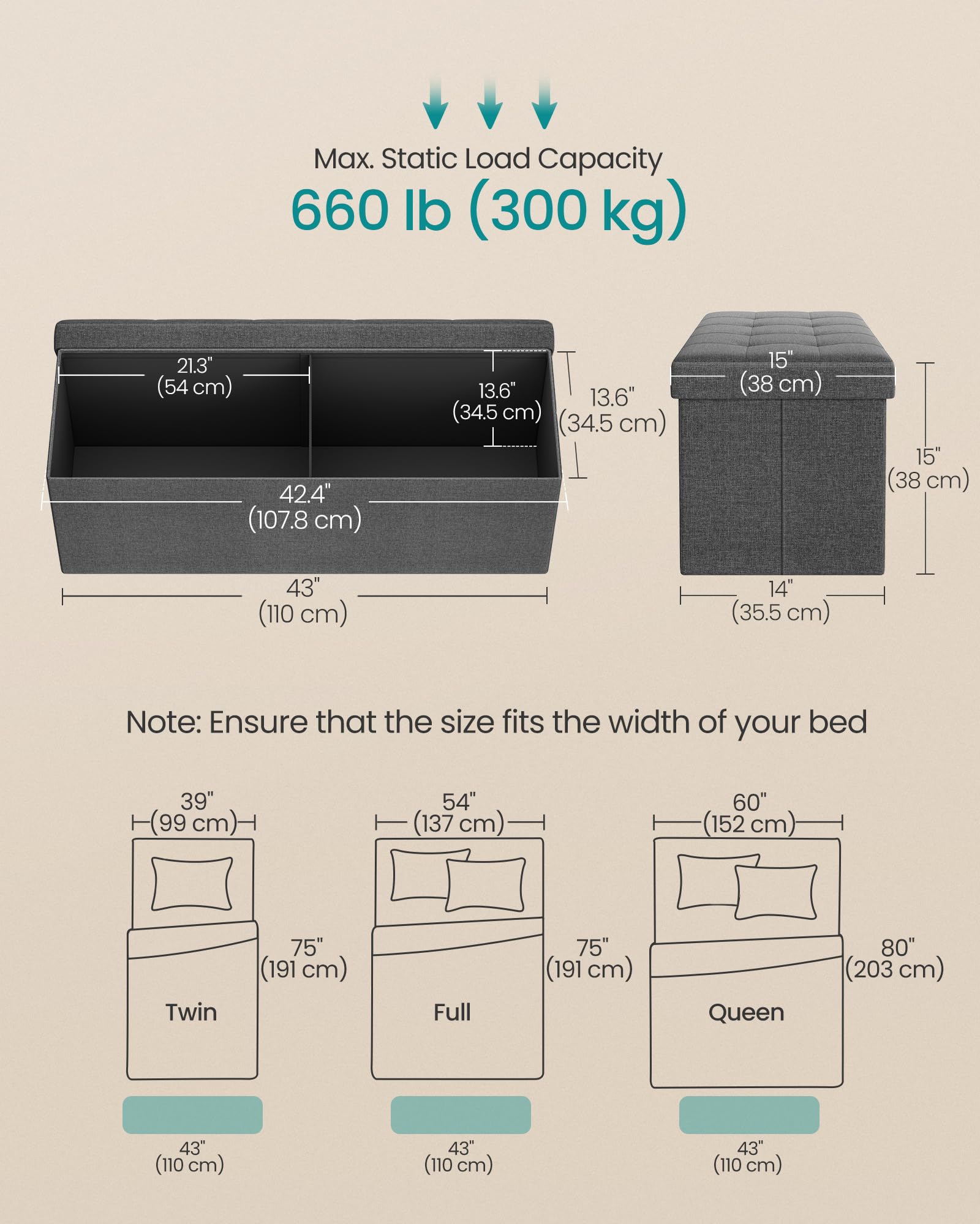 SONGMICS MAZIE removable-divider, keeps blankets and clothes neatly sorted.
